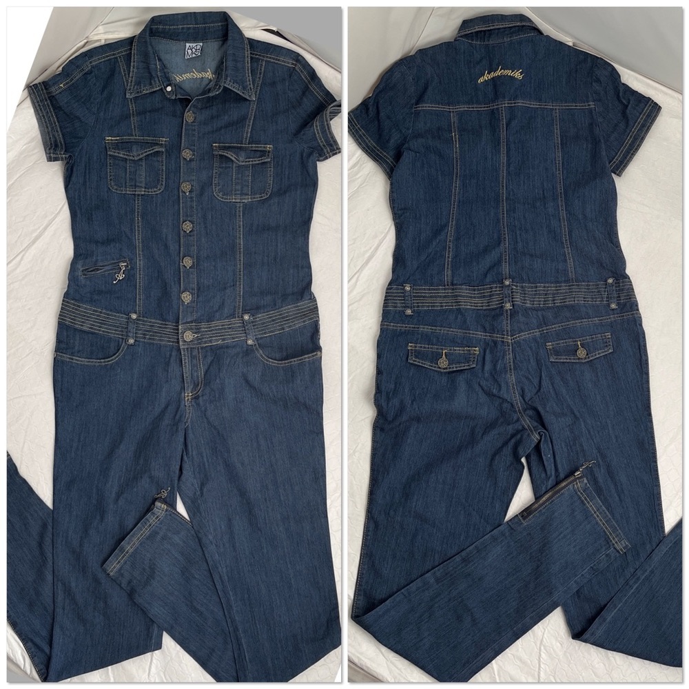 Akademiks medium wash lightweight denim button front short sleeve jumpsuit